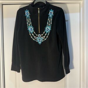 Bob Mackie Wearable Art Black Pullover with Blue Embellishments Half Zip Size M